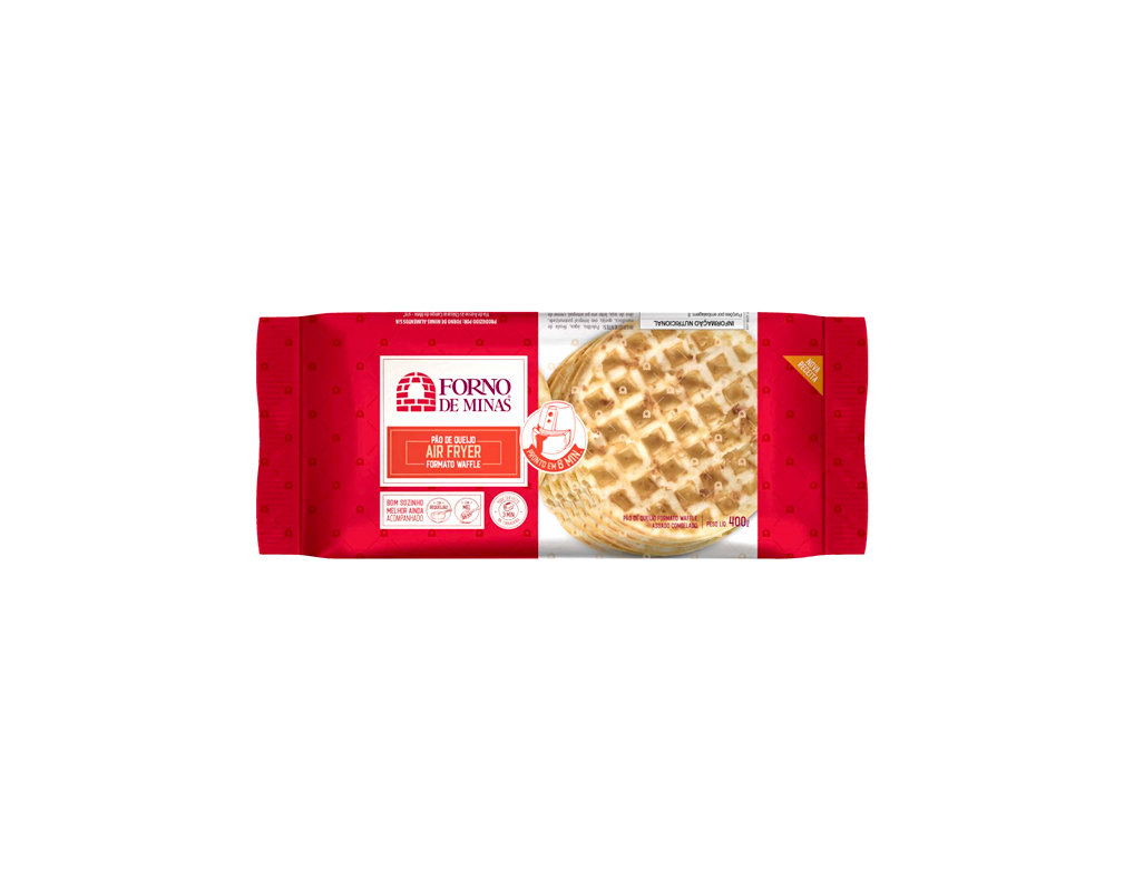 PÃO DE QUEIJO CONGELADO AIR FRYER FORMATO WAFFLE FORNO DE MINAS 400 G (CX 9 PCT)